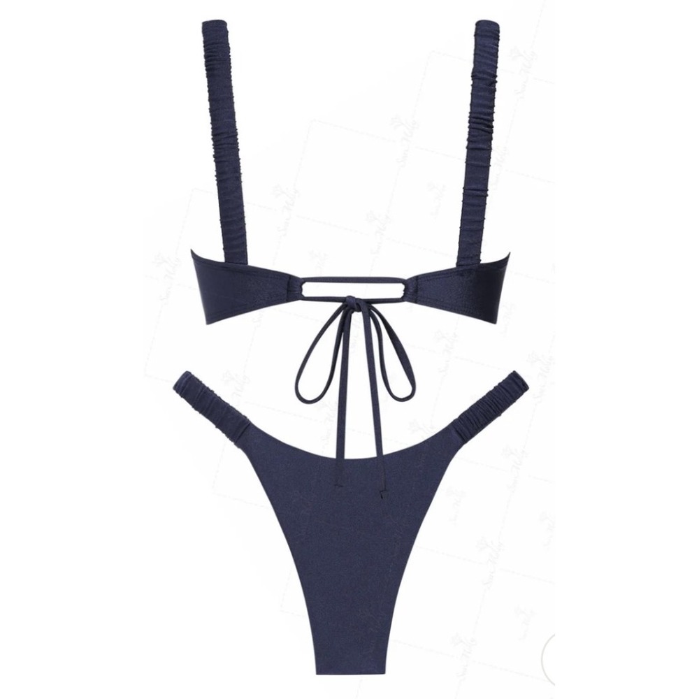 SEAMOLLY DECORATIVE METAL RING ELASTIC STRAPS RUCHED HIGH LEG BIKINI SET BLUE S - Picture 2 of 6